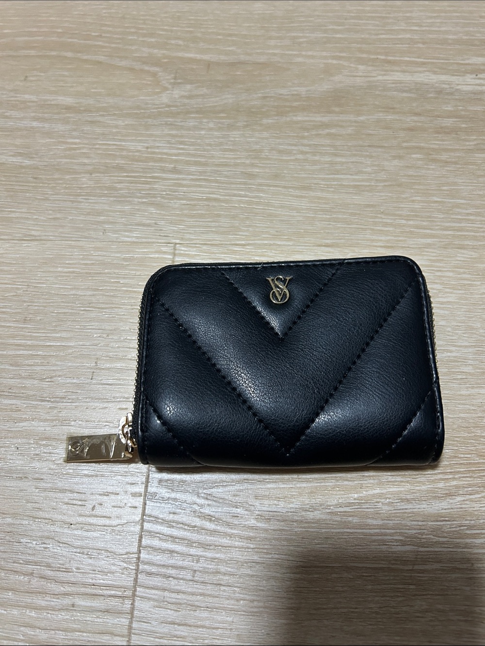 Victoria's Secret Black Quilted Zip Wallet with Gold VS Charm